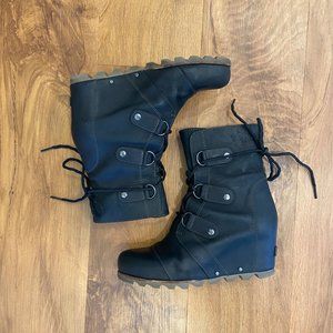 Sorel Joan of Arctic Lace Up Wedge Black Leather 9.5